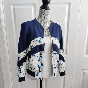 Amour Vert Silk Navy Blue Floral Bomber Light Zip Jacket Small